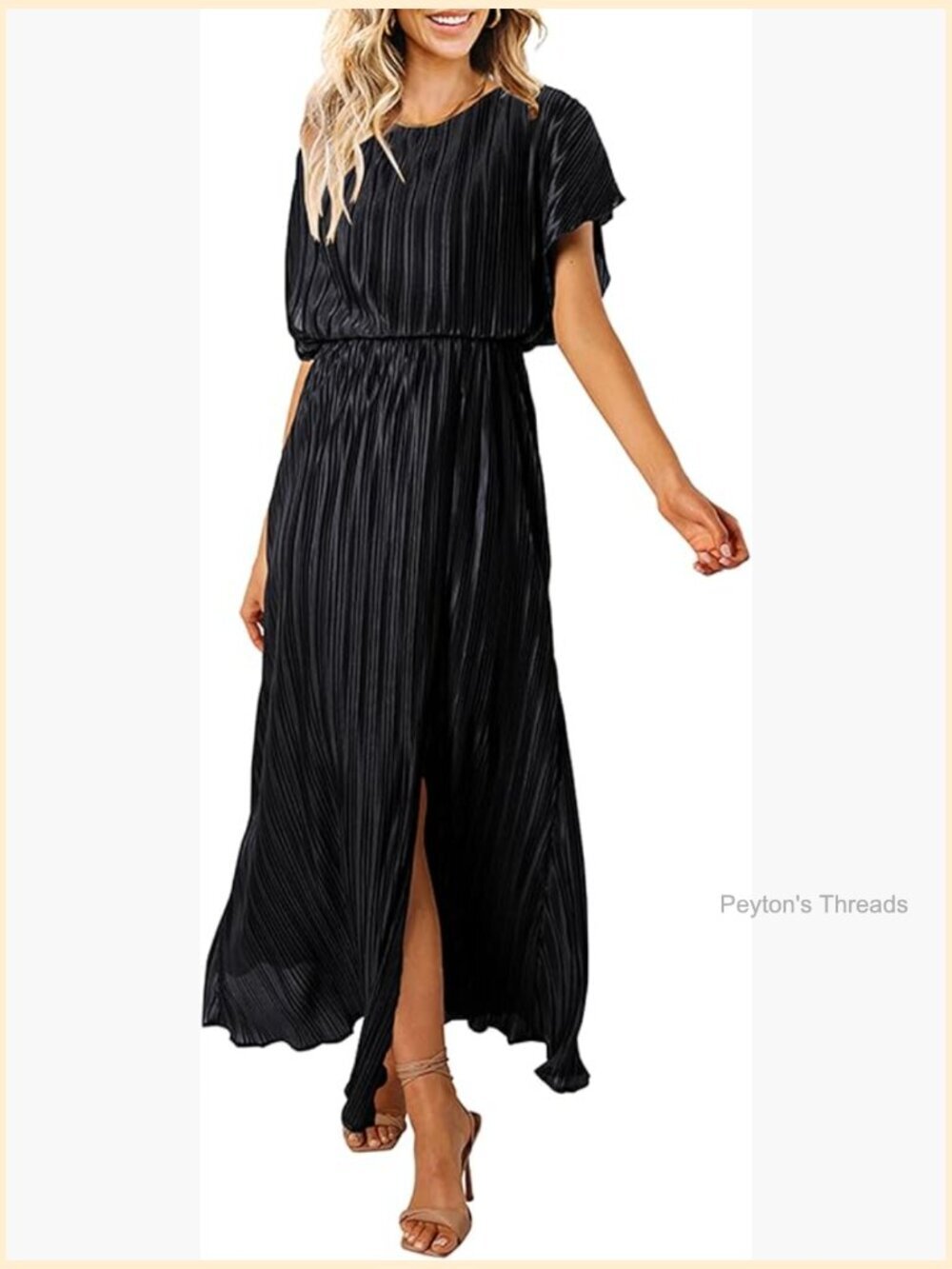 Casual Short Sleeve Crewneck Slit Sundress Ruffle Pleated Long Flowy Party